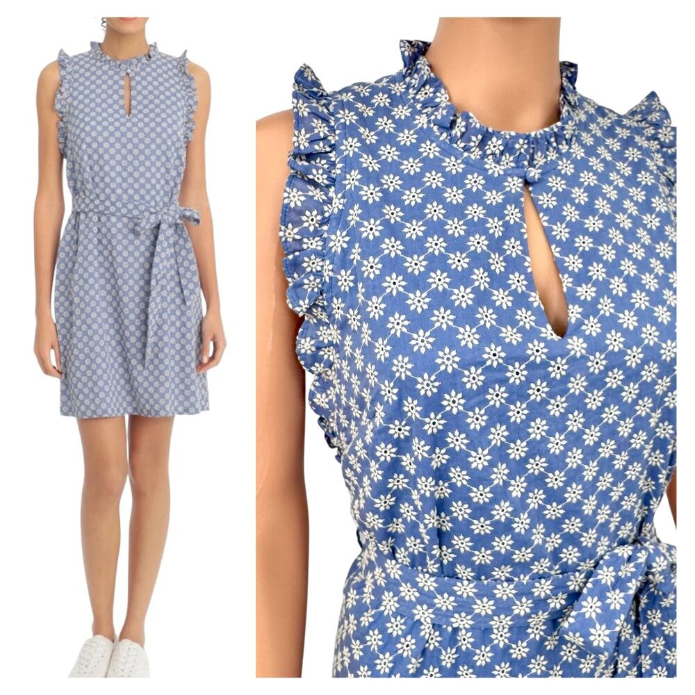 London Times Chambray Daisy Eyelet Ruffle Shift Dress 12 Cottagecore Coastal NWT